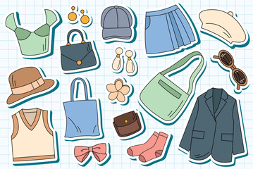 Cute spring fashion accessories in sticker format with white outline. Ideal for planners, scrapbooking, and printable sticker packs.