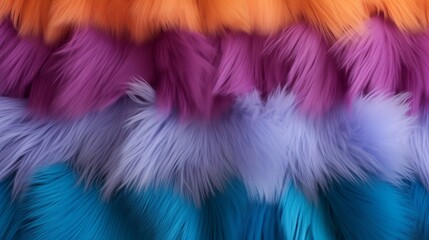 Closeup view of colorful faux fur fabric. Vibrant rainbow colors blend in wavy pattern. Soft texture background	