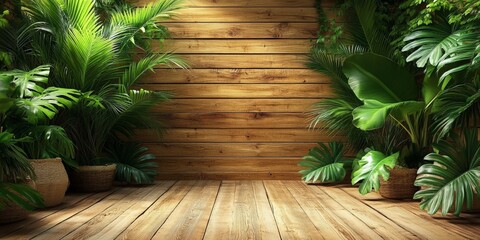 Obraz premium Tropical Palm Leaves with Wooden Wall Background for Decoration