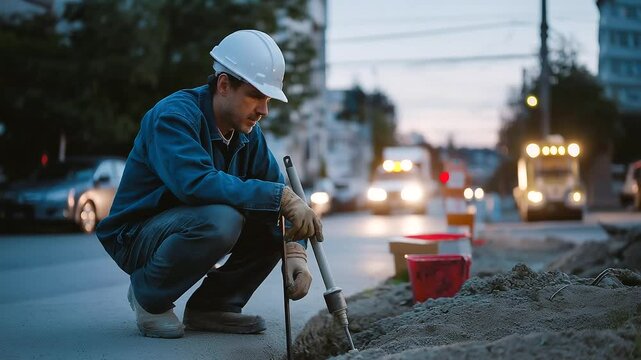 A worker inspecting underground pipes at dusk in a calm street