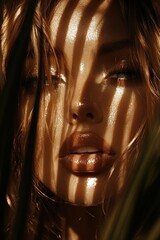 Close-up woman with sunlit, glowing skin, through palm leaves