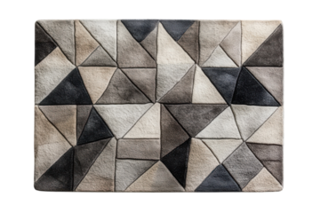 Elegant geometric grey and beige rug showcasing a sophisticated patchwork design of textured triangles offering a modern and stylish on transparent background