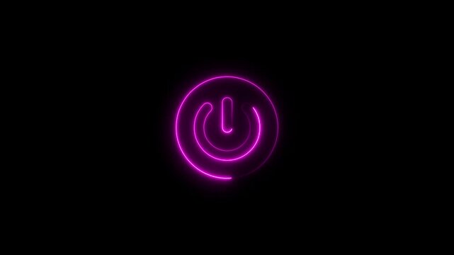Glowing neon power button icon isolated on black background. HD Video motion graphic animation