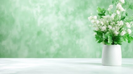 Naklejka premium A white vase with fresh green and white flowers standing on a clean white surface against a soft green textured background, and minimalist floral arrangement concept.