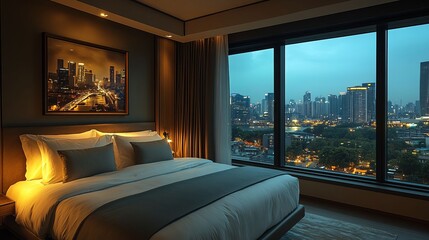 Luxurious Hotel Room with Stunning City Night View from Large Window