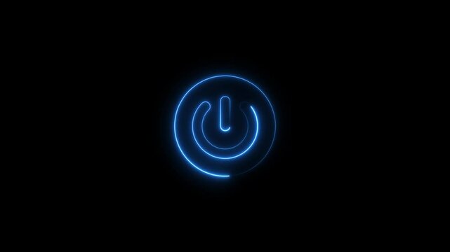 Glowing neon power button icon isolated on black background. HD Video motion graphic animation