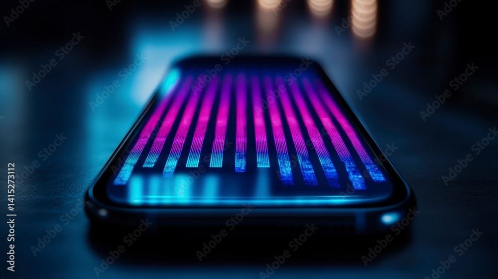 Poster close up of a smartphone displaying a dynamic data visualization with vibrant pink and blue vertical
