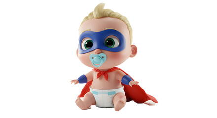 A baby dressed as a superhero with blonde hair, a blue mask, a red cape, blue wristbands, a white diaper, and a pacifier, sitting playfully.