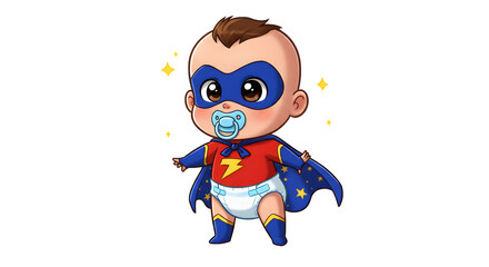 Fototapeta premium A cartoon baby superhero with a lightning emblem on a red shirt, blue cape with stars, white diaper, and mohawk hairstyle, surrounded by sparkles.