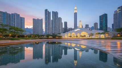 Obraz premium Urban cityscape at dawn, reflecting in a tranquil water feature