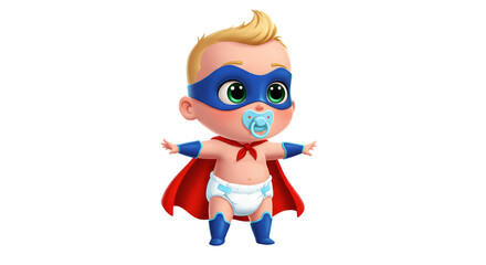 Fototapeta premium A baby superhero with blonde hair in a swooping style wears a blue mask, gloves, boots, red cape, and stands heroically with arms wide open.