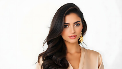 Naklejka premium Stunning Portrait of a Woman with Long Dark Hair and Gold Earrings