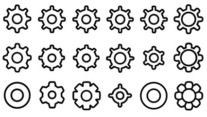 A vector set of cogwheel icons illustrates mechanical engineering concepts in an industrial design