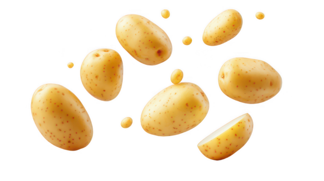 Fresh organic potatoes floating on black background healthy food concept on transparent background