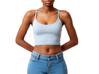 Mature model poses in casual outfit featuring a fitted blue tank top and high-waisted denim jeans in a minimalist setting on a transparent background, cut out