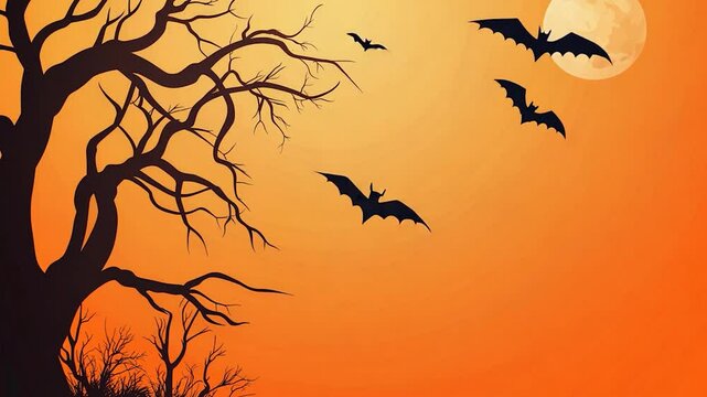 Spooky Halloween Scene Featuring a Bare Tree Silhouetted Against an Orange Sky with Bats