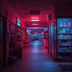 Naklejka premium Neon lit Supermarket Aisle at Night Dramatic Pink and Blue Lighting Grocery Store Interior