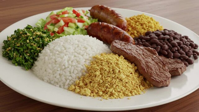 A full Brazilian lunch with rice, beans, salad, farofa, and grilled meat on a large white plate