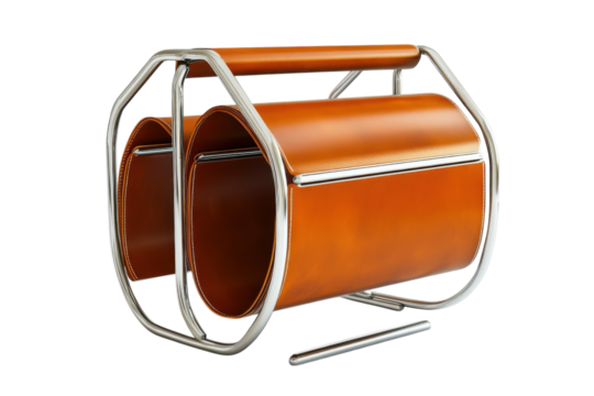 Elegant mid century modern leather magazine rack with chrome frame showcasing rich orange tones and sleek design perfect for home or on transparent background