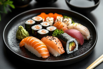Overflowing plate with a colorful assortment of sushi rolls and sashimi, garnished with pickled ginger and wasabi, set on a wooden table.