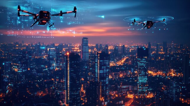 Drones flying over a bustling city at sunset
