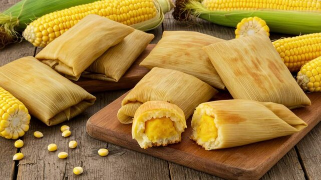Pamonha wrapped in corn husks on a rustic wooden table with fresh corn around, traditional Brazilian sweet dish. zoom in