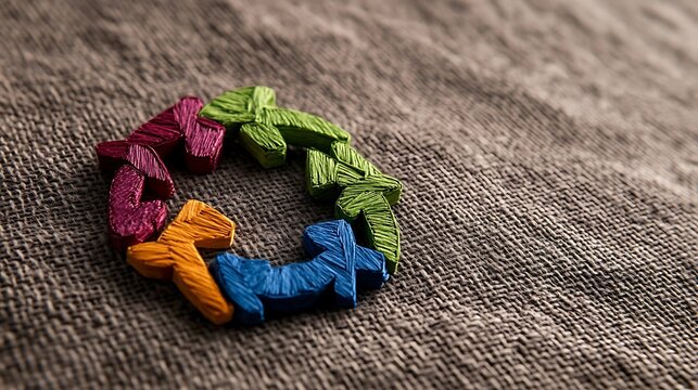 Colorful, circular design of interconnected arrows on a textured fabric.