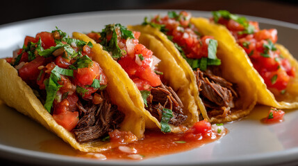Delicious beef tacos with salsa and cilantro on plate for mexican food lovers and taco tuesday nights