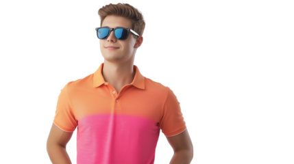 Young dad in bright polo shirt and sunglasses, summer vibe, cropped at waist, white background, PNG,