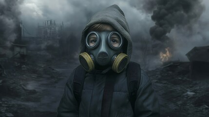 A child wearing a gas mask in a polluted urban environment