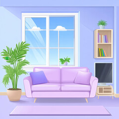 Modern Living Room Interior with Purple Sofa and Bright Window View