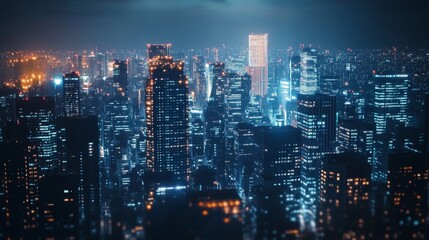 Fototapeta premium Nighttime view of a technologically advanced city with sleek, illuminated skyscrapers. Premium background for the latest technology needs. 
