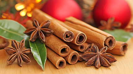 Close-up of cinnamon sticks, star anise, and red ornaments on a wooden surface