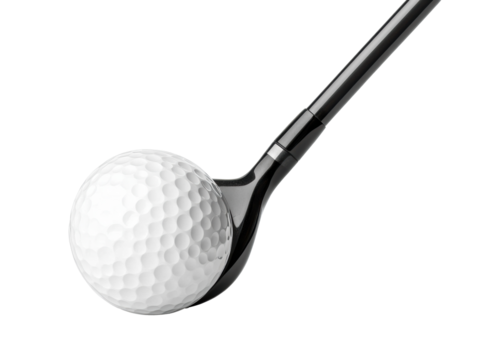 Golfer prepares to take a swing on the course with a pristine white golf ball and iron club in hand during afternoon practice session on a transparent background, cut out
