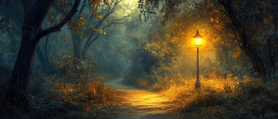 A single street lamp illuminates a path through a misty forest. (1)