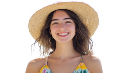 Portrait of a smiling young woman in a straw hat and colorful summer dress, sun-kissed skin, standing in bright summer light, white background, PNG