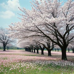 Obraz premium landscape with cherry trees in bloom planted in a row