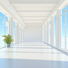 Fototapeta premium Bright and Spacious Minimalist Interior with Large Windows and Plant
