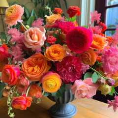 A stunning bouquet filled with roses and dahlias showcases vibrant warm colors, creating a cheerful atmosphere perfect for any decor or celebration.