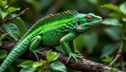 Fototapeta premium A vibrant lizard exhibits a striking emerald hue across its scales, punctuated by a distinctive, serrated crest that extends from the nape of its neck down its back