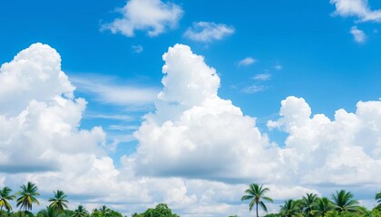 Obraz premium Vibrant blue sky, fluffy white clouds, lush tropical landscape, vacation, weather