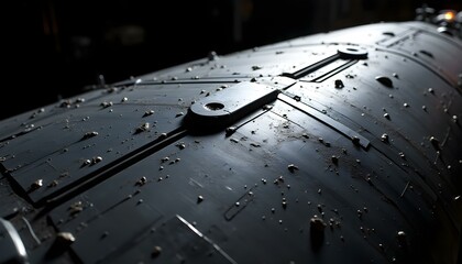 Detailed shot of a sleek sci-fi spacecraft hull illuminated by intense, dramatic lighting