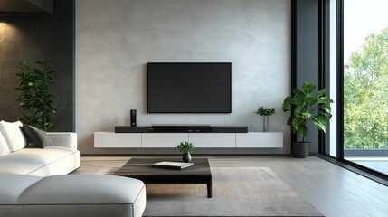 Modern living room with sleek furniture and greenery