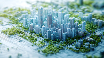 An intricately detailed, miniature city showcases a sustainable, eco-friendly urban environment, a harmonious blend of nature and the urban landscape.