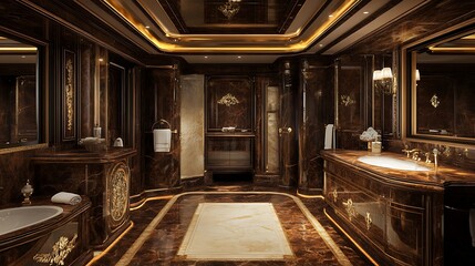 A luxury bathroom space featuring polished marble finishes and a grand vanity with ample storage and lighting.


