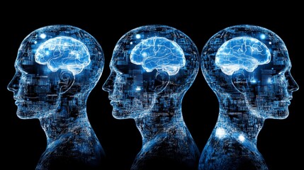 Three digital human heads with glowing brains, data streams, and dark background. Conceptual image of AI, neural networks, or human intellect.