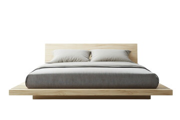 Obraz premium Modern minimalist platform bed with light wood frame and neutral linen bedding showcasing simple elegance and peaceful serenity on a on transparent background