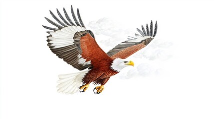Obraz premium Bald eagle flying on a white background with clouds faintly visible behind it giving a sense of motion and height