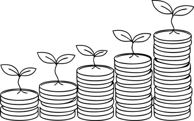 Rising Coin Stacks with Sprouts, Black and White Line Art, Minimalist, Simple Style