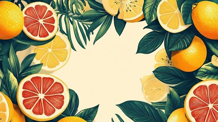 Lemon Fruits and Tropical Leaves Border Illustration, Featuring Fresh and Vibrant Citrus Fruits with a Tropical Vibe 
